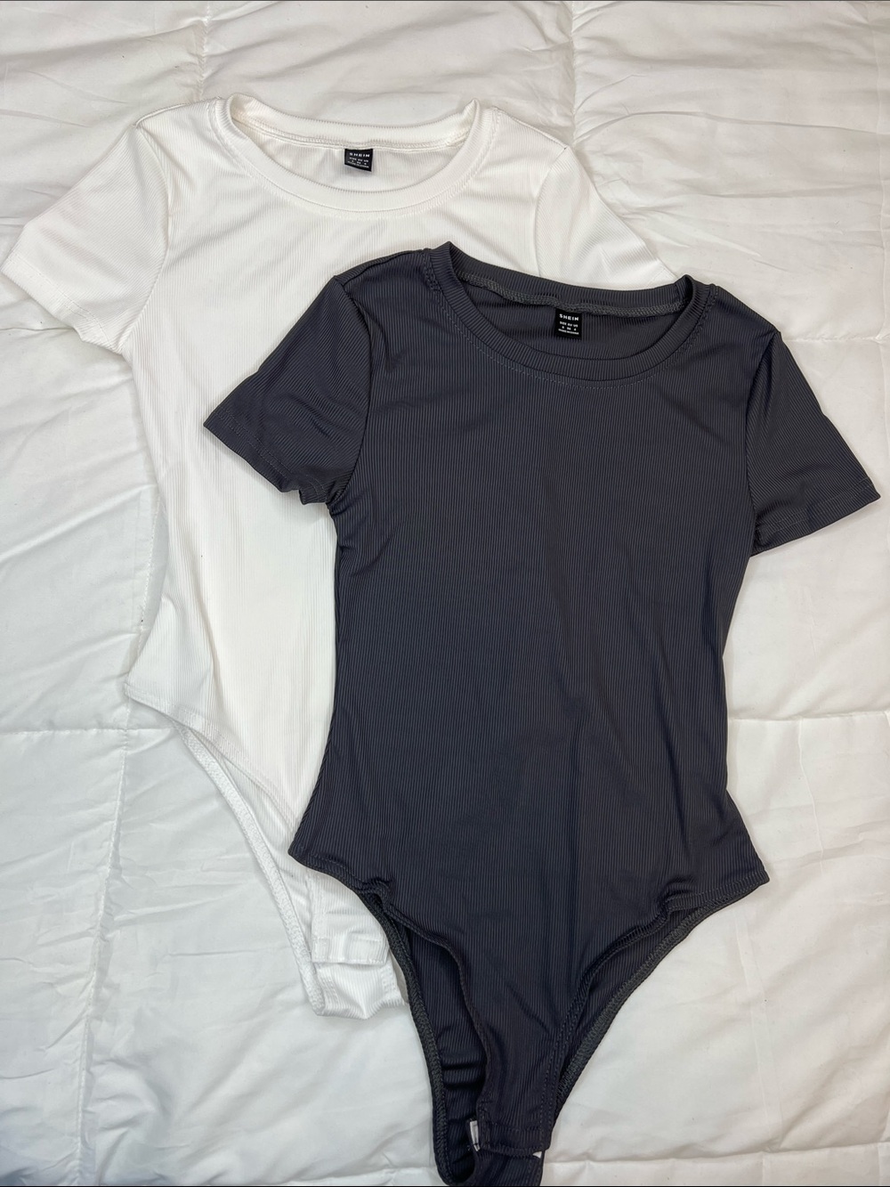 SHEIN White & Charcoal Short Sleeve  One-Piece Bodysuits
